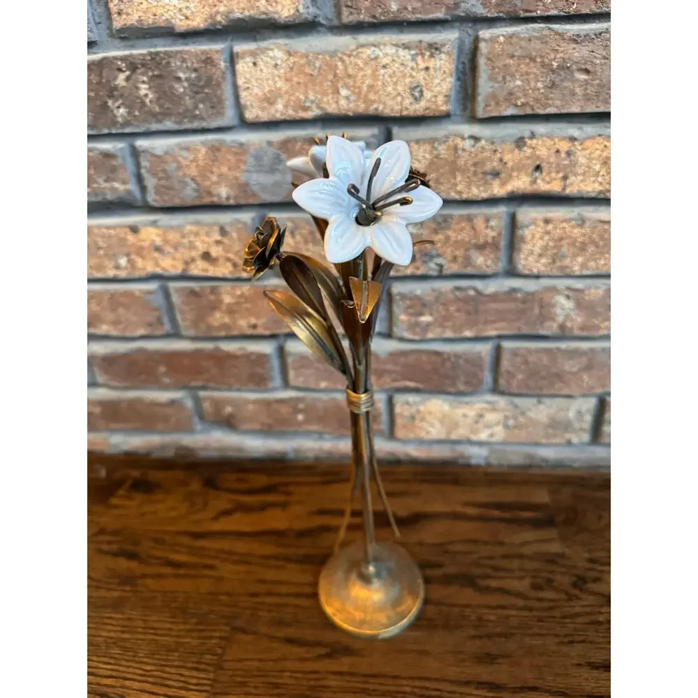 VINTAGE French Ceramic Lilies Bronze Tone Rose Hollywood Regency Candle Holder